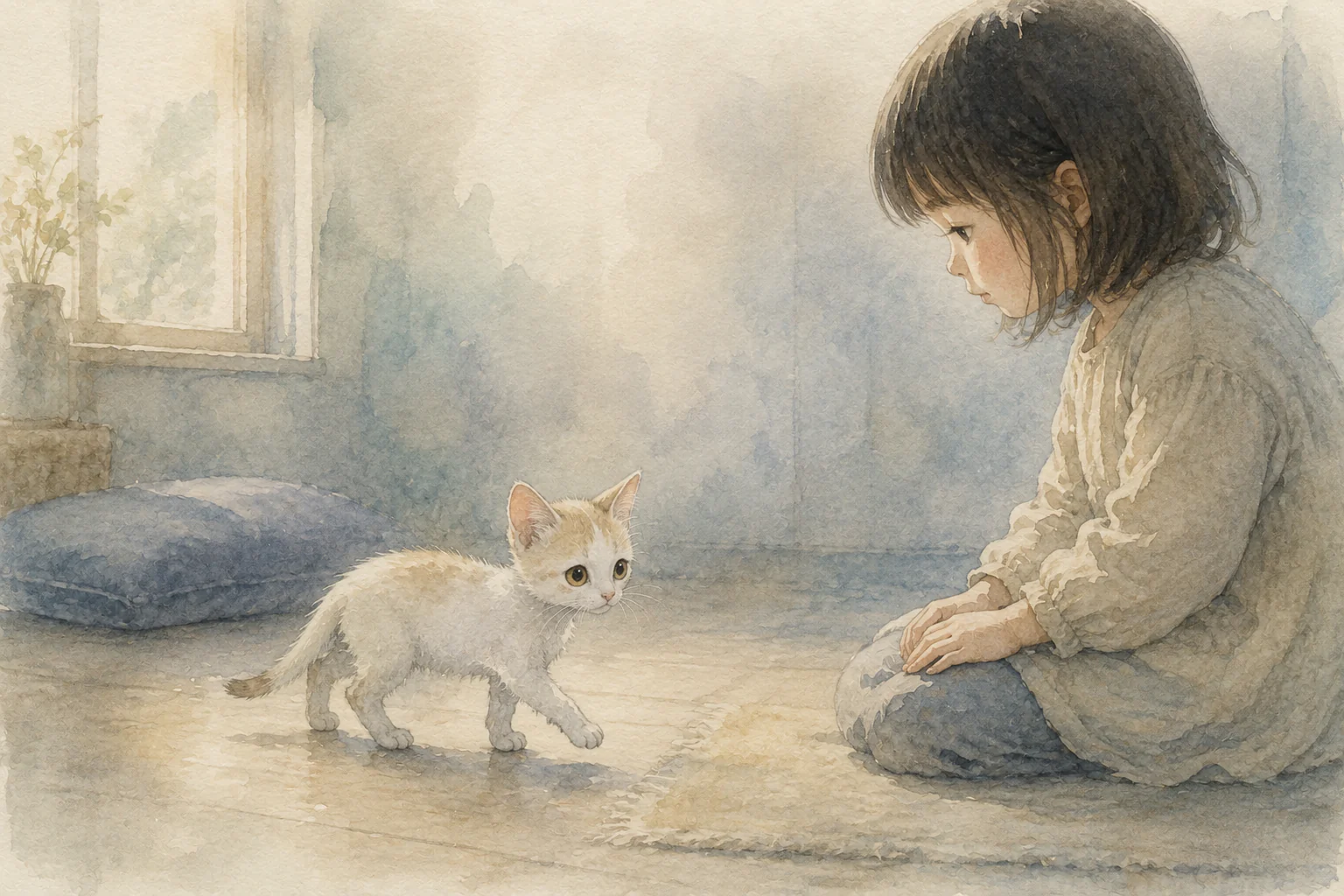 小さな白と薄茶の猫が、床に座る子どもへ自分から近づいていく水彩画