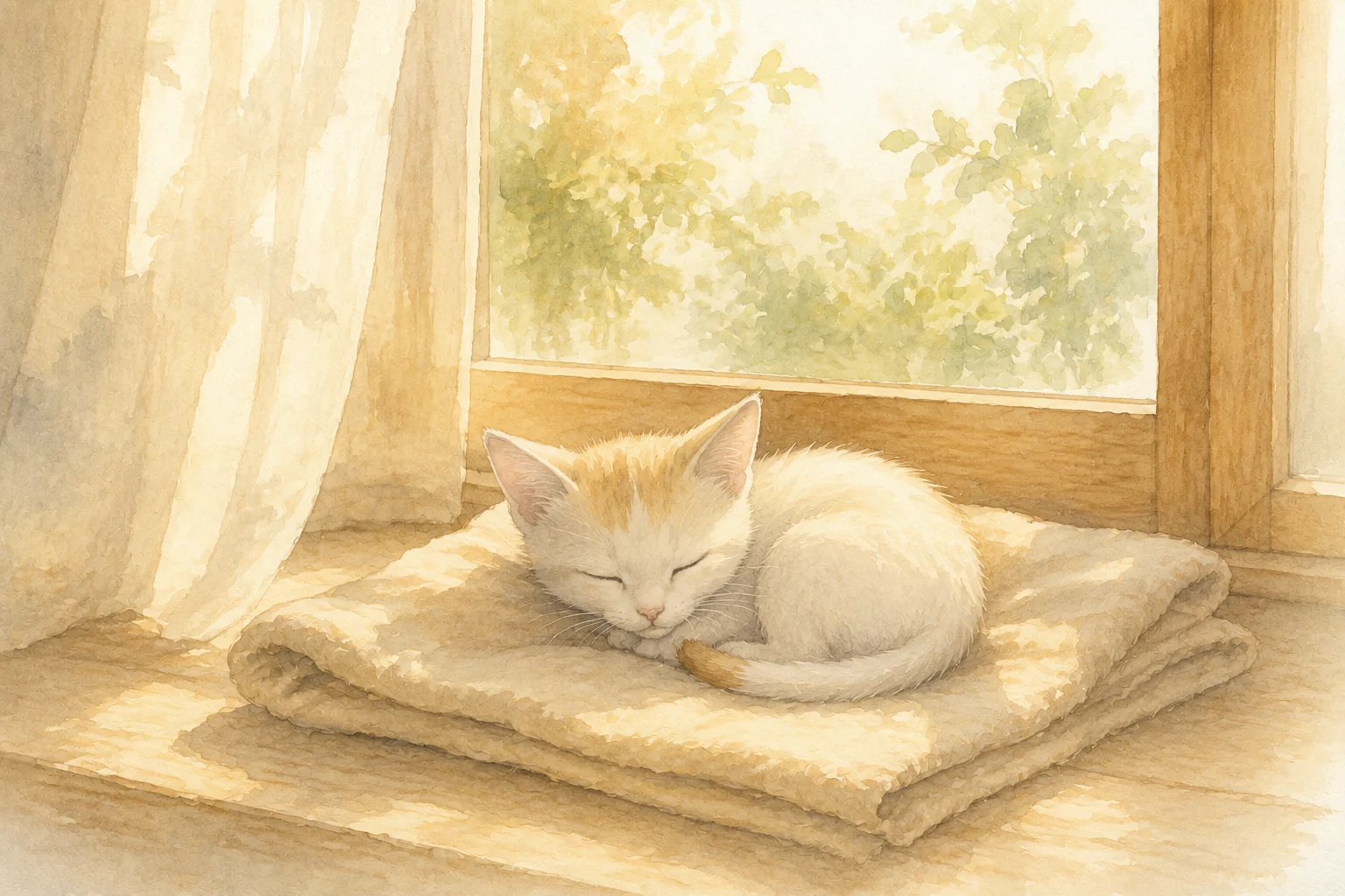 朝の光が差す窓辺で、白と薄茶の小さな猫が毛布の上に眠る水彩画