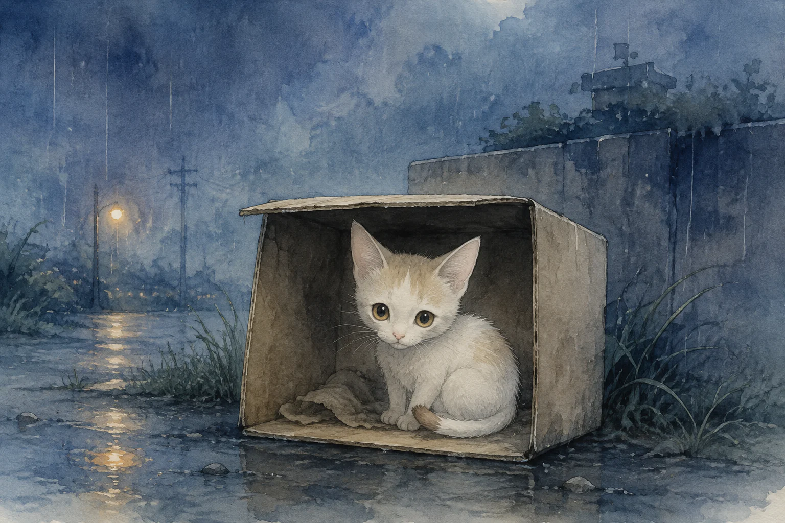 雨の夜、段ボールの中でひとり空を見上げる小さな白と薄茶の猫の水彩画