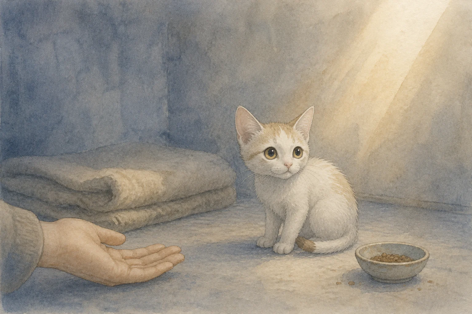 毛布のそばで差し出された人の手を見つめる小さな猫の水彩画
